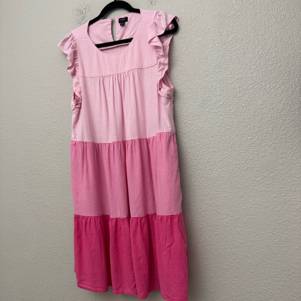 J. Crew Factory Pink Linen Blend Colorblock Ombre Ruffle Sleeve Dress Size 14 - Picture 7 of 15